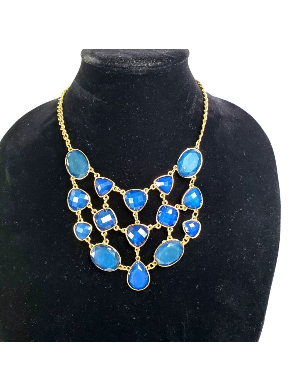 Gold-Tone Bib Necklace With Blue Plastic Faceted Stones Statement Jewelry